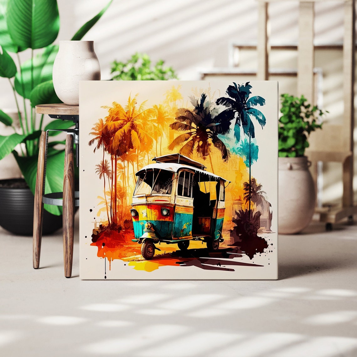 Vibrant Indian Auto Rickshaw Watercolor Art Print With Palm Trees - Image 4
