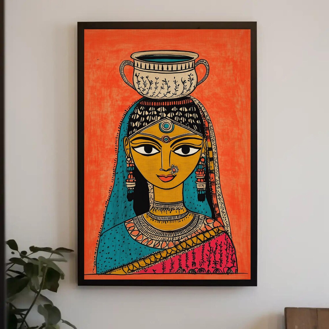 Madhubani Indian Woman Carrying A Water Pot On Her Head Poster