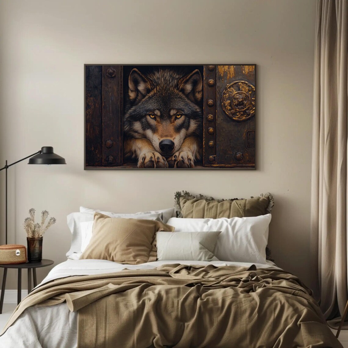 Wolf Peeking Through An Ancient Metal Door Fantasy Art Poster - Image 3