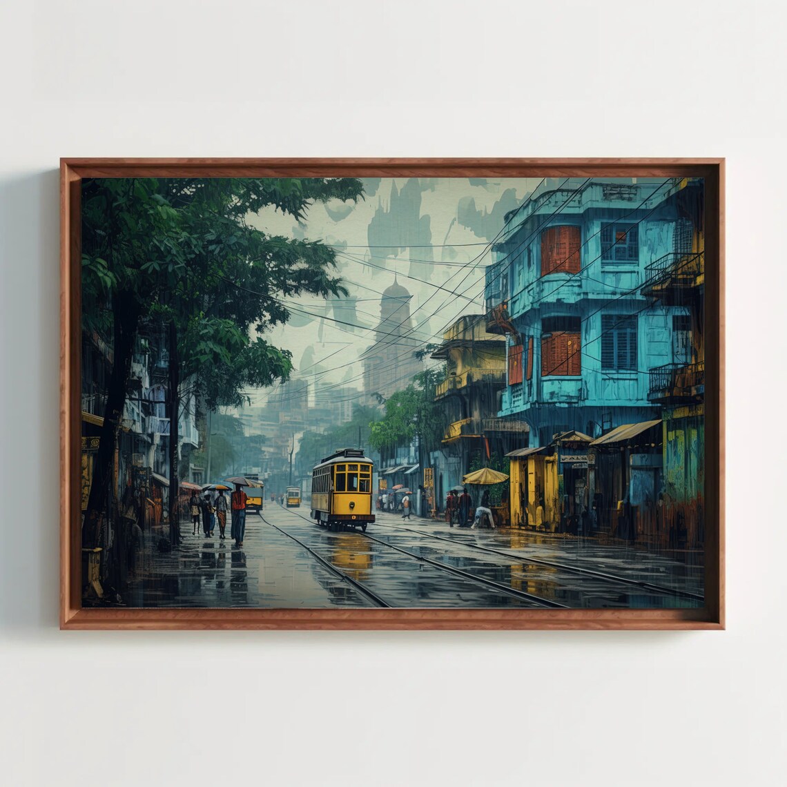 Kolkata Streets Oil Painting, India Travel Art Print