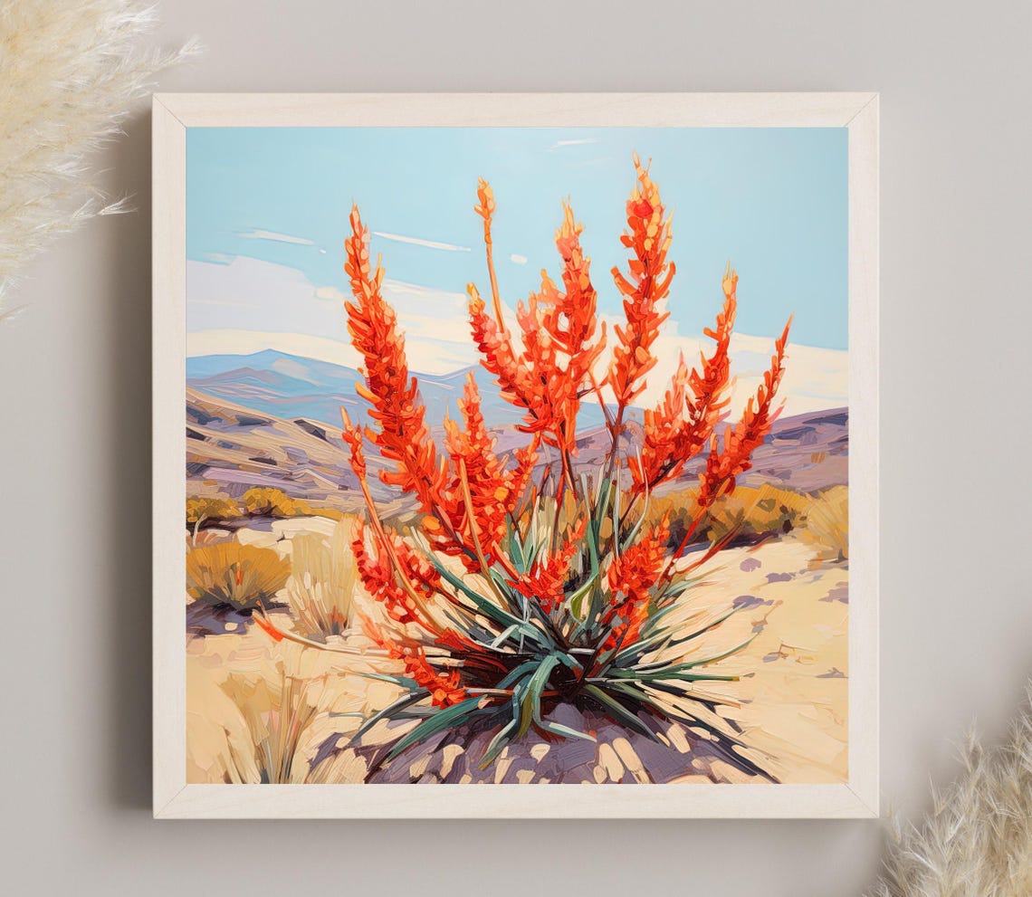 Red Ocotillo Blooms in Desert Valley With Mountain View Art Poster
