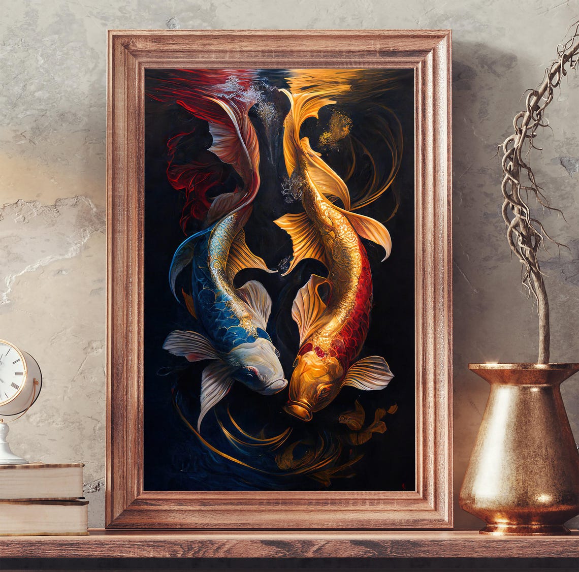 Yin Yang Koi Fish Pair Blue Orange On Black Dramatic Art Poster - Image 5