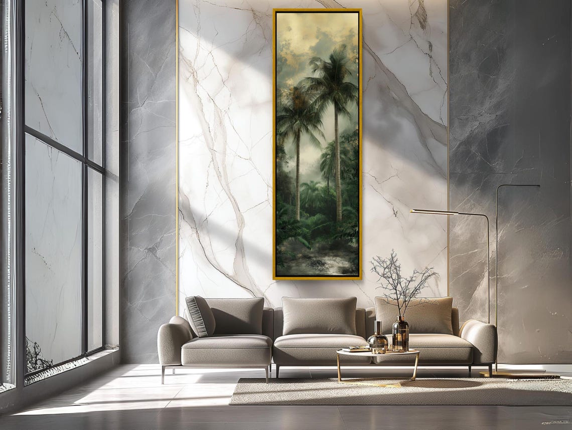 Tall Misty Palm Trees In A Tropical Jungle Vertical Wall Art - Image 2