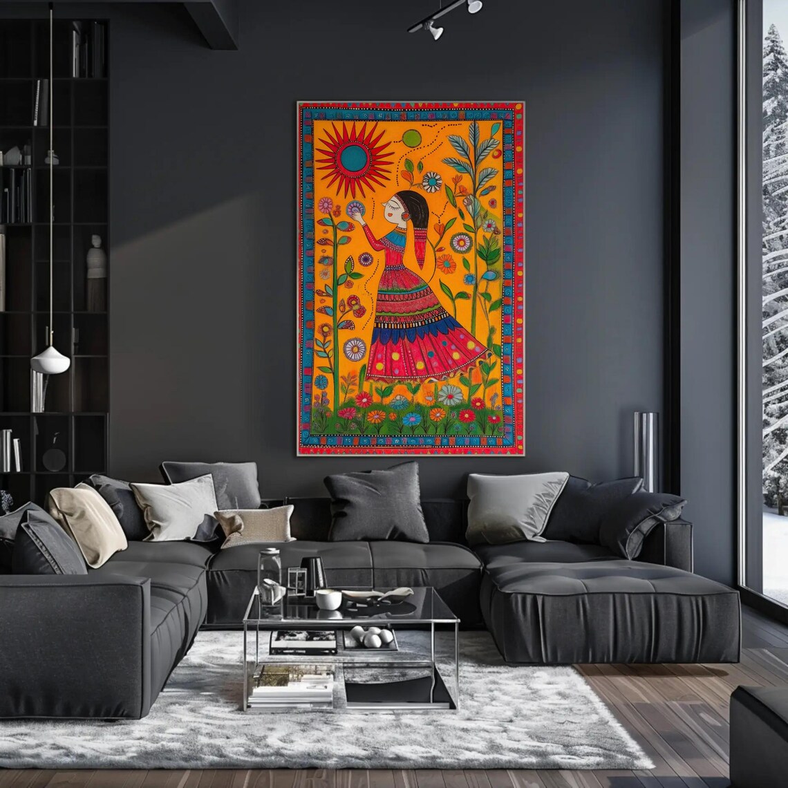 Mexican Folk Art Woman in a Sunlit Garden of Blooming Flowers Poster - Image 2