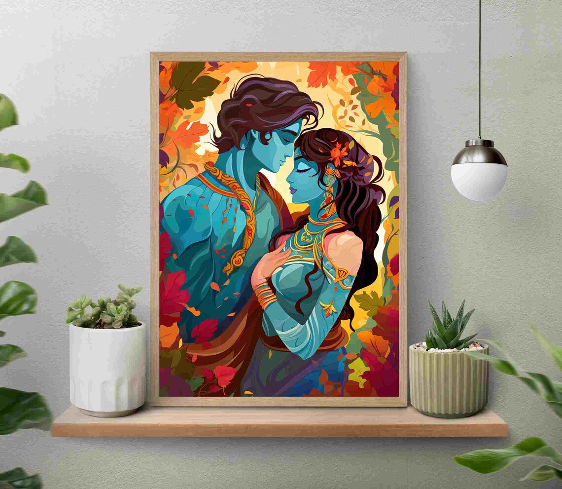 Krishna and Radha Divine Embrace Among Autumn Leaves Art Poster - Image 4
