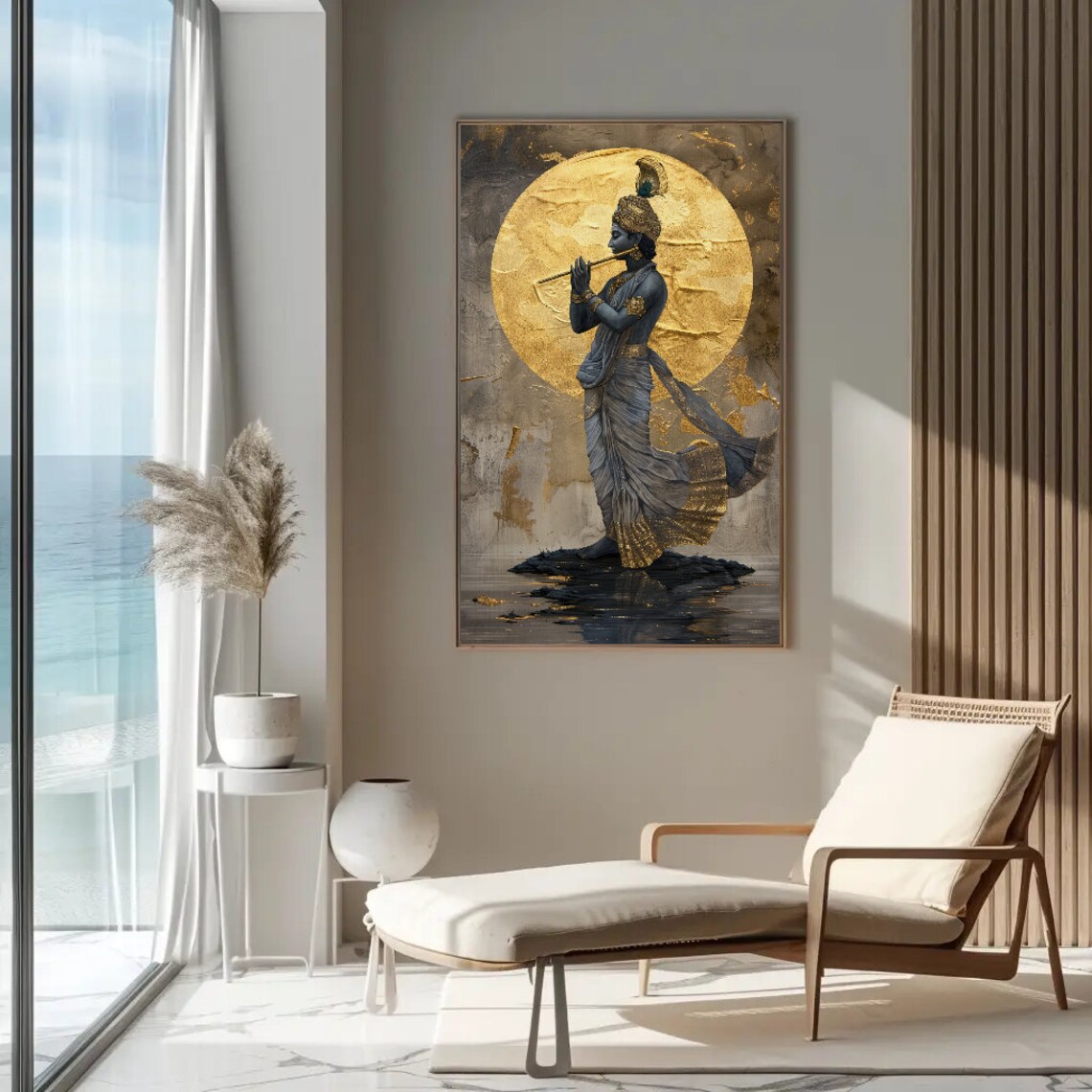 Lord Krishna Under Golden Moon Art Print, Hindu - Image 2