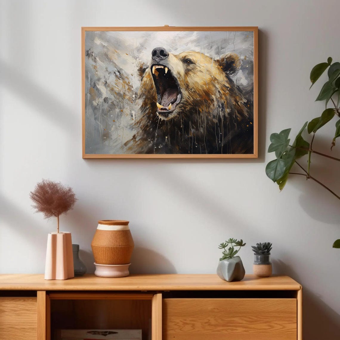 Roaring Grizzly Bear Portrait in Gray Abstract Painterly Style Poster - Image 3