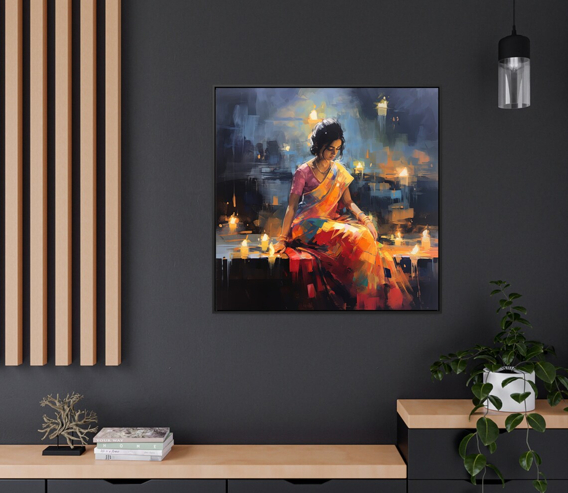 Indian Woman Beside Glowing Candles Abstract Oil Painting Decor Poster - Image 2