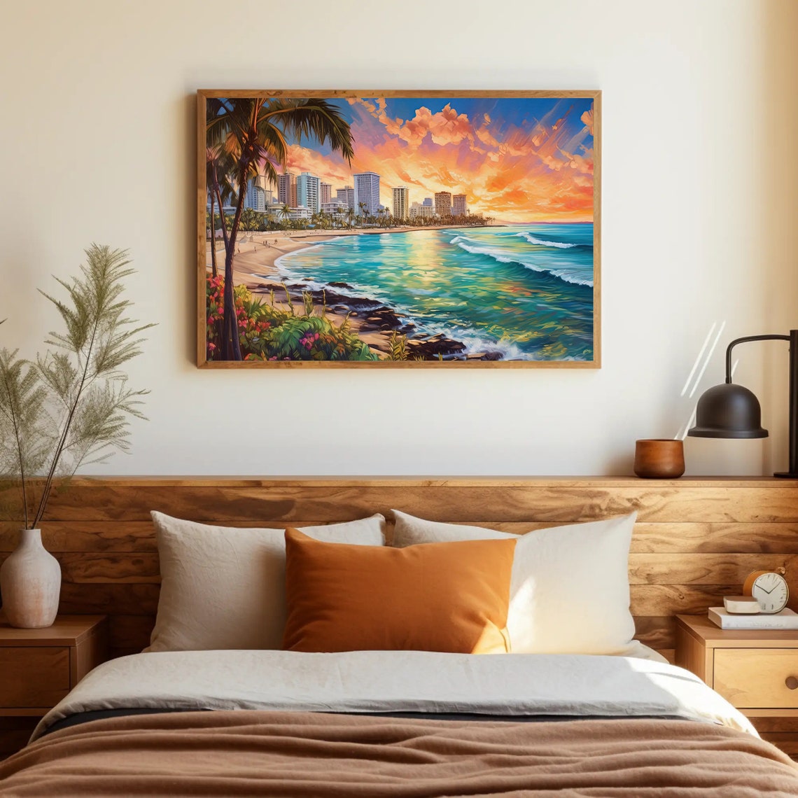 Honolulu Rocky Shore Sunset With Palm Trees and Flowers Poster - Image 5