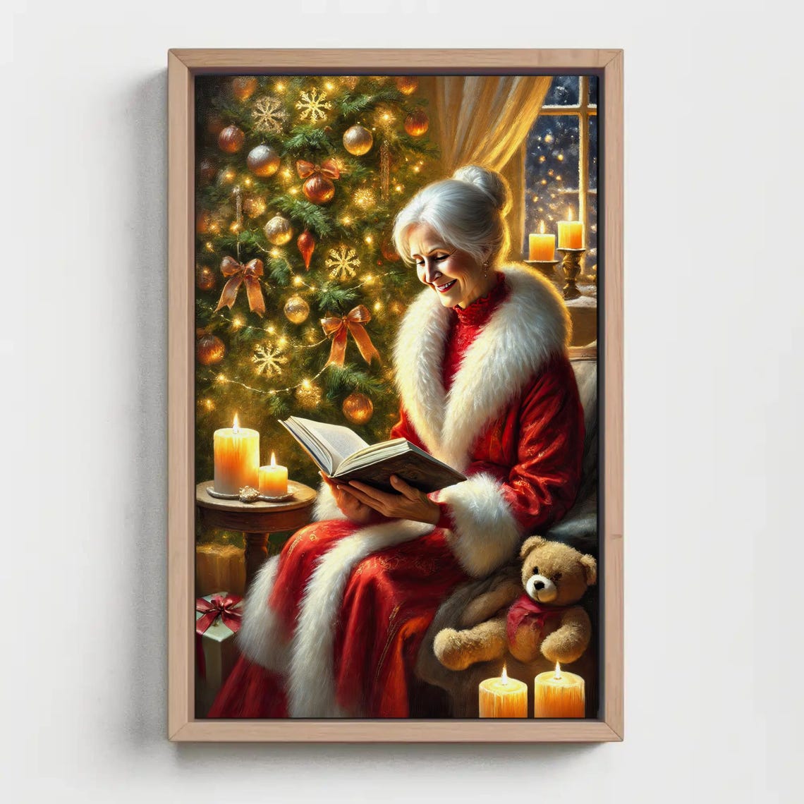 Mrs Claus Reading By The Christmas Tree With Teddy Bear Poster - Image 2