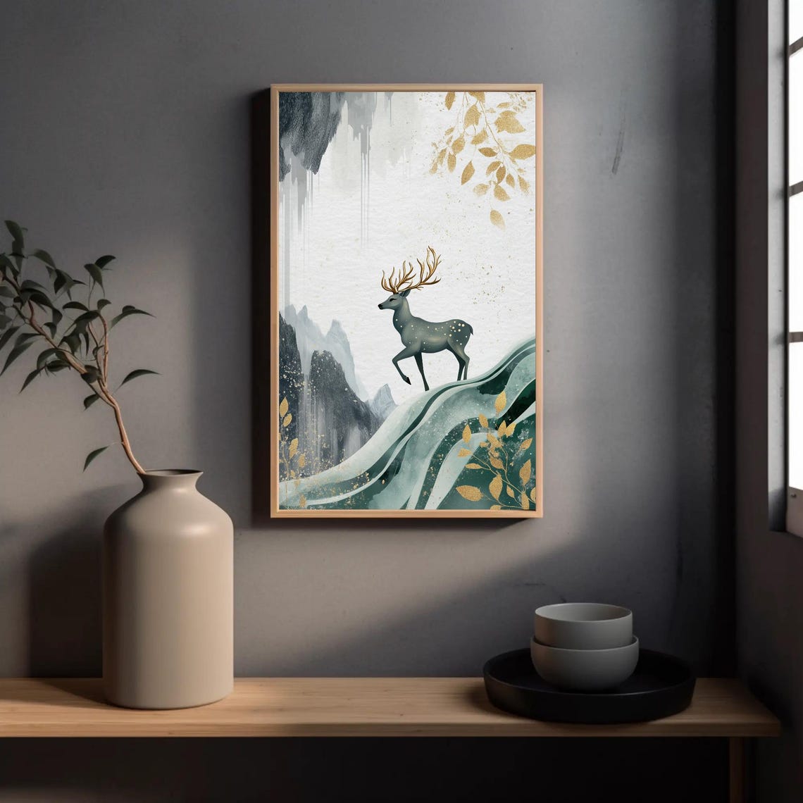 Silver Stag With Golden Antlers Climbing Misty Green Hillside Poster - Image 2