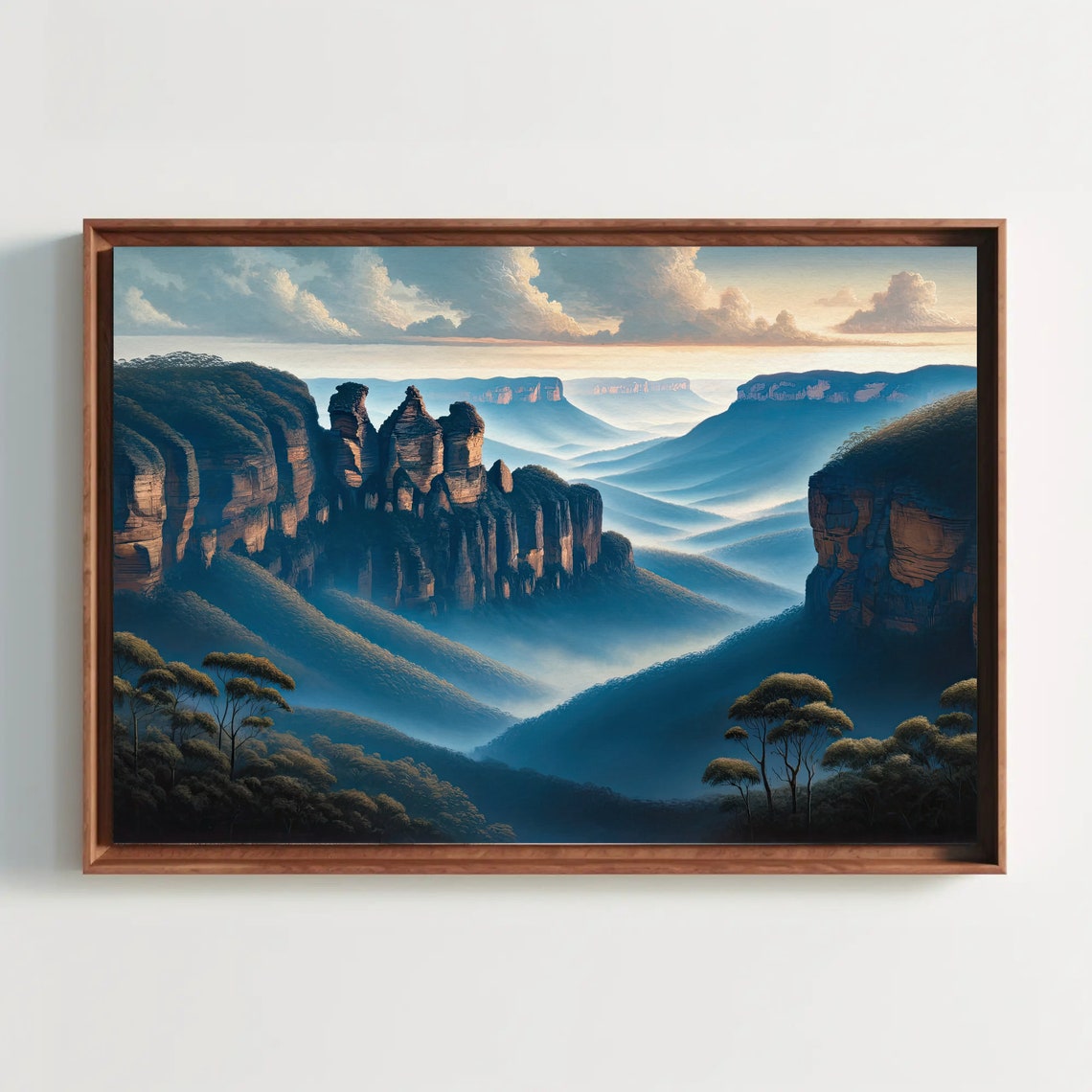 Blue Mountains Sandstone Cliffs in Soft Morning Mist Art Poster