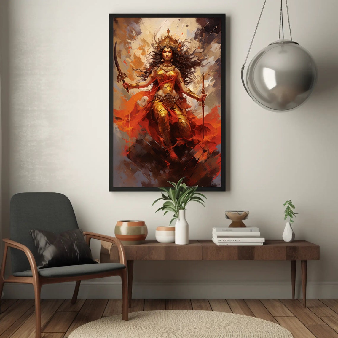 Warrior Goddess Durga In Red And Gold Holding Sword Art Poster - Image 3