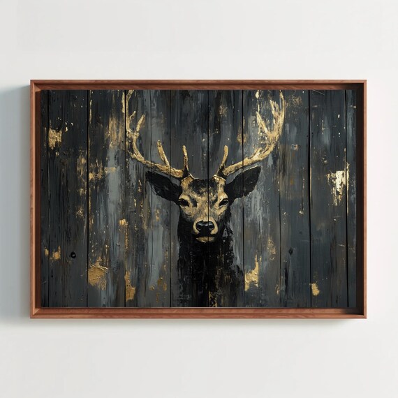 Golden Stag Head On Dark Weathered Wood Planks Wildlife Poster