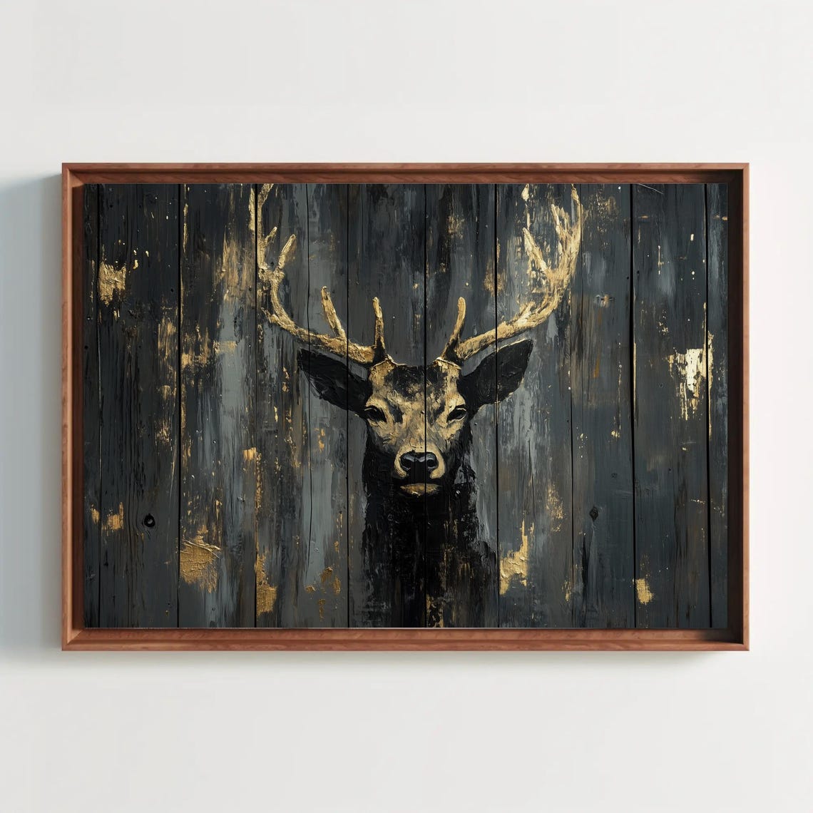 Golden Stag Head On Dark Weathered Wood Planks Wildlife Poster