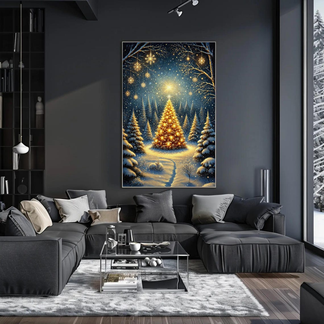 Glowing Golden Christmas Tree Sparkling In Snowy Night Forest Poster - Image 3