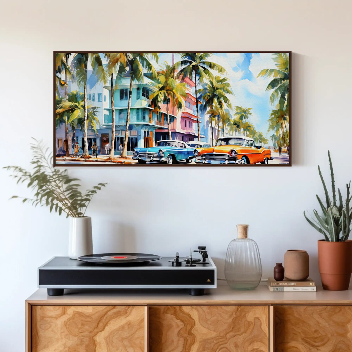 Miami Art Deco Street Watercolor With Classic Cars Scene Poster - Image 4