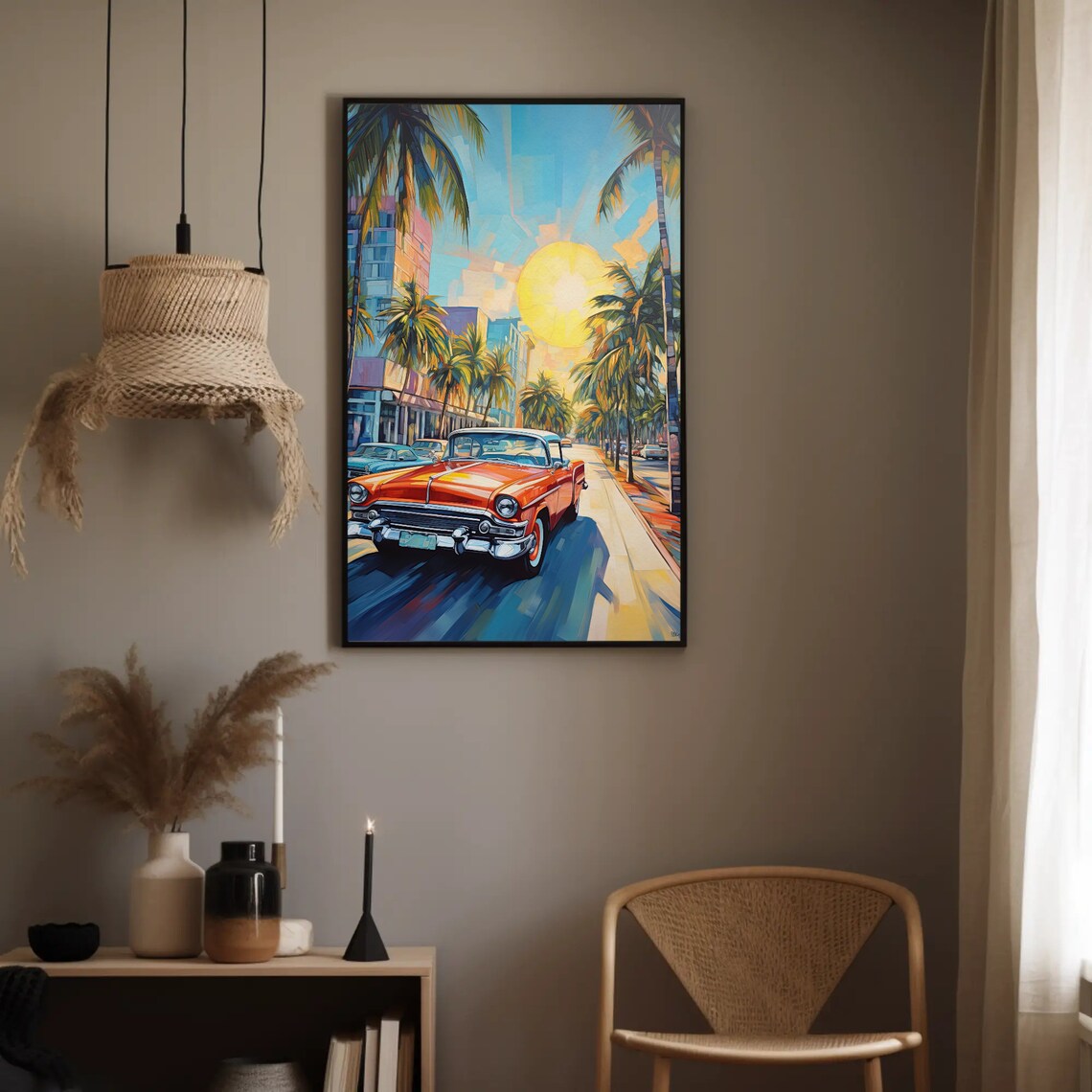 Modern Miami Street Oil Painting Miami City Vertical Framed Print Florida Home Decor Miami Travel Art Living Room Decor - Image 3