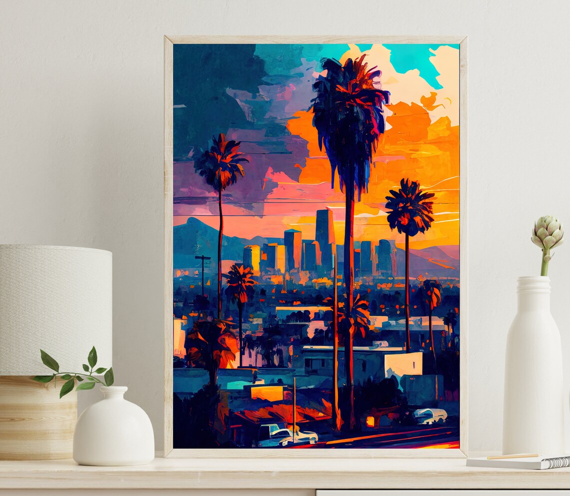 Los Angeles Downtown Palm Trees Fiery Sunset Skyline Art Poster