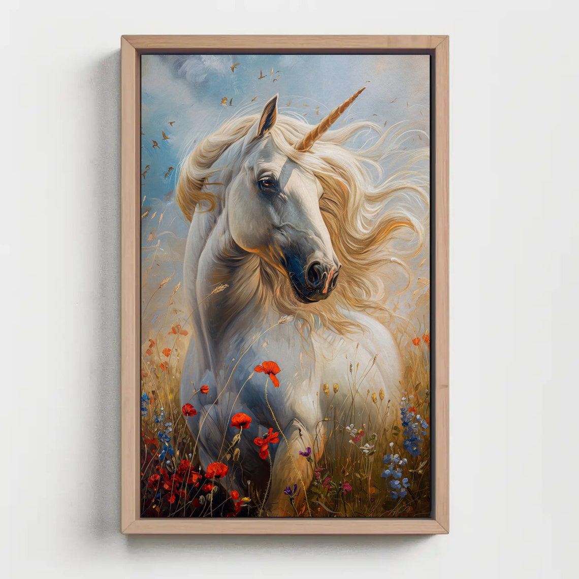 White Unicorn Close-Up Portrait Poster Among Poppies Under Blue Sky - Image 4