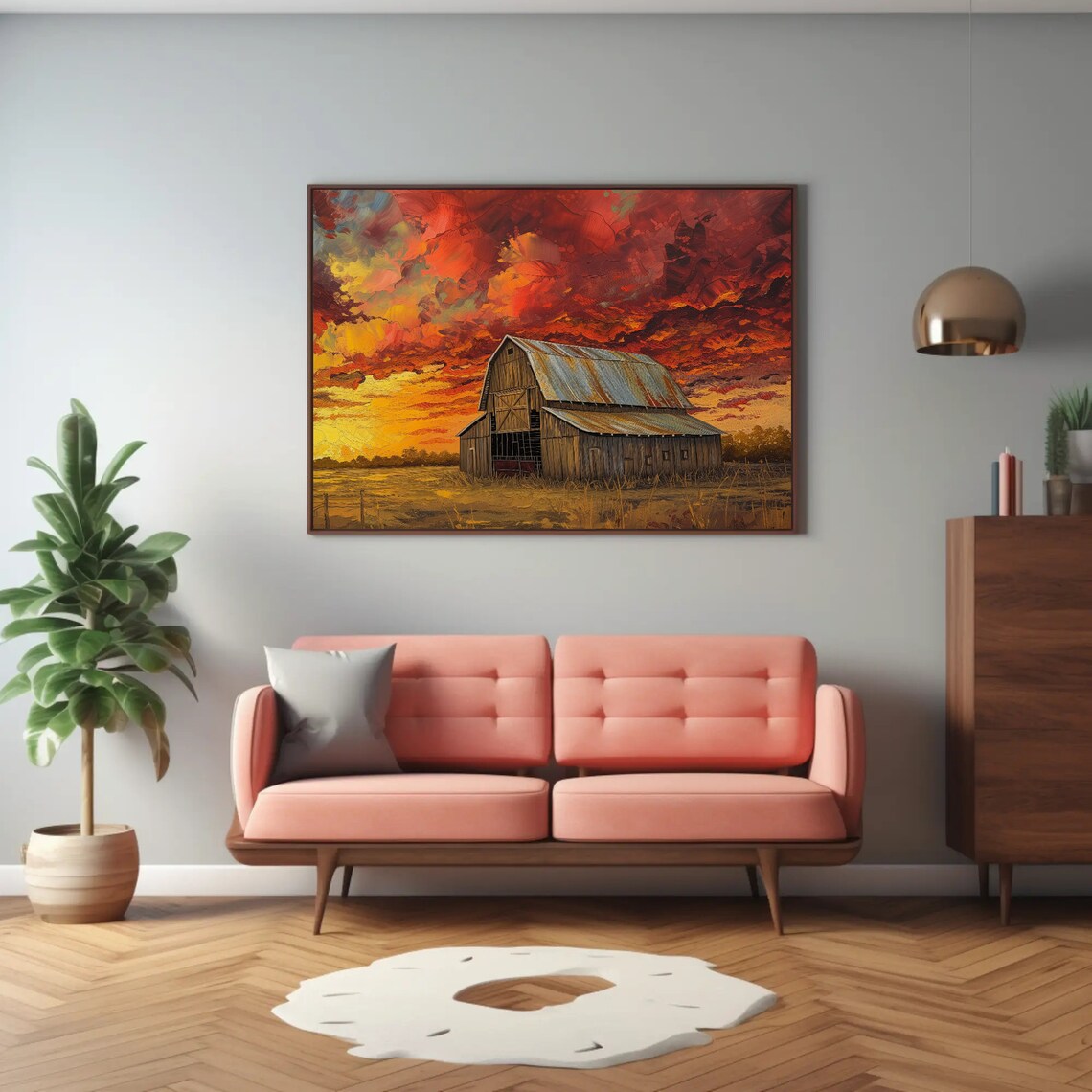 Weathered Wooden Barn Fiery Orange Sunset Sky Oil Painting Poster - Image 3