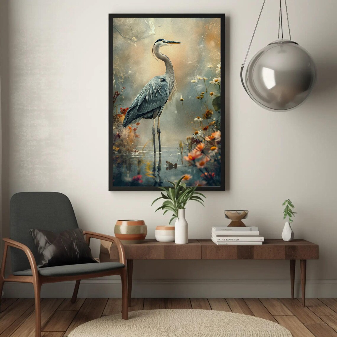 Great Blue Heron In Misty Wetland With Wildflowers Art Poster - Image 4