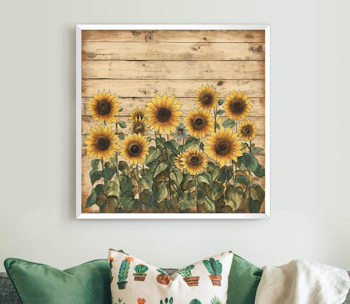 Sunflower Field Blooming On Rustic Wood Summer Floral Wall Poster - Image 2