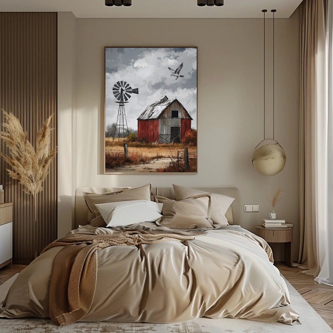 Red Barn Windmill and Seagull Rustic Farm Landscape Poster Moody Sky - Image 5