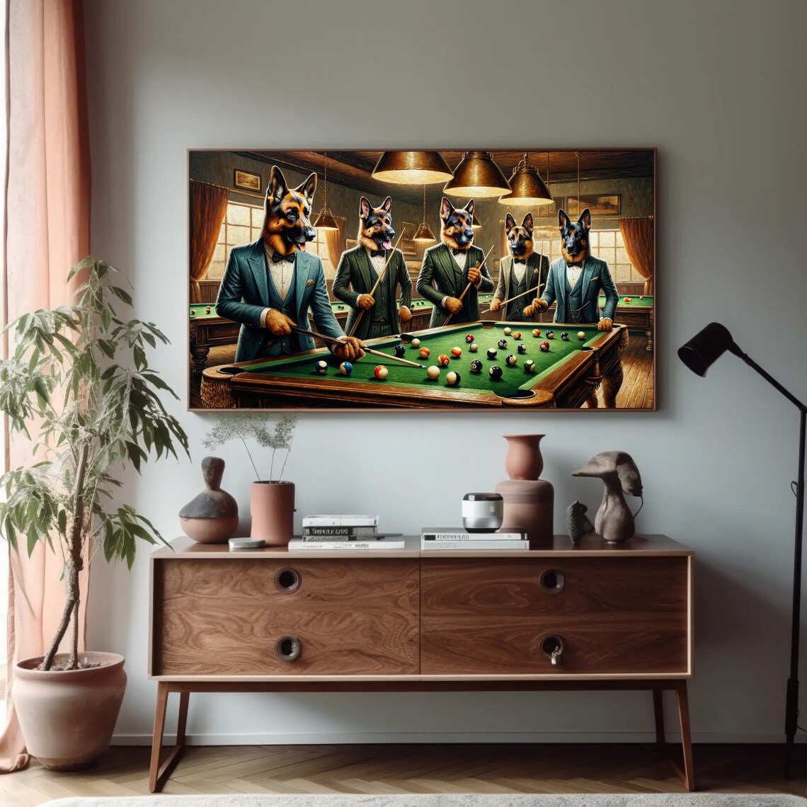 German Shepherd Dogs Playing Pool in Tuxedo Suits Humor Art Poster - Image 4
