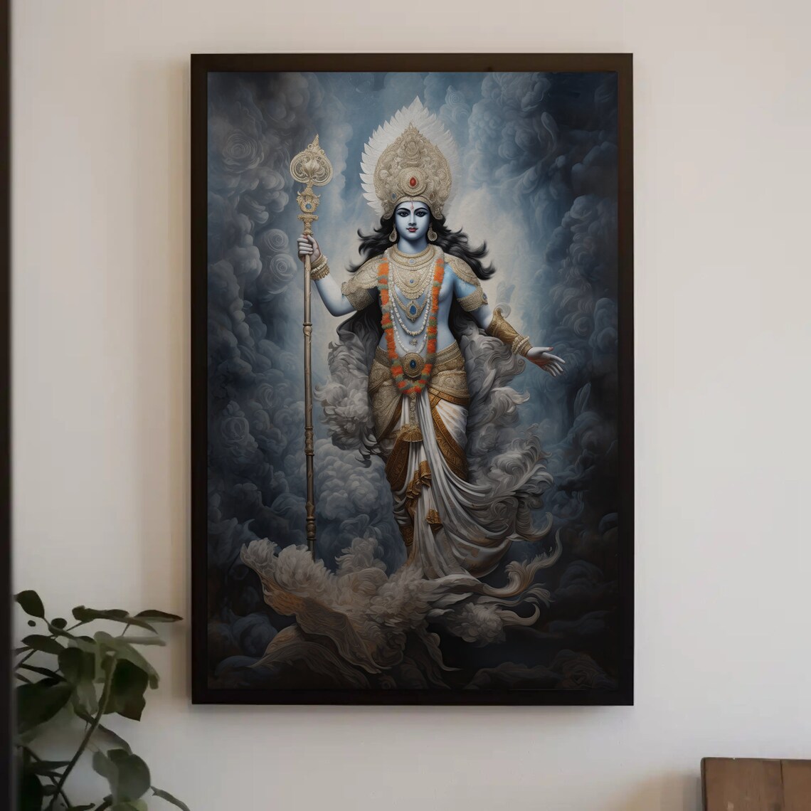 Lord Vishnu Hindu God Portrait Poster Amidst Clouds and Golden Light