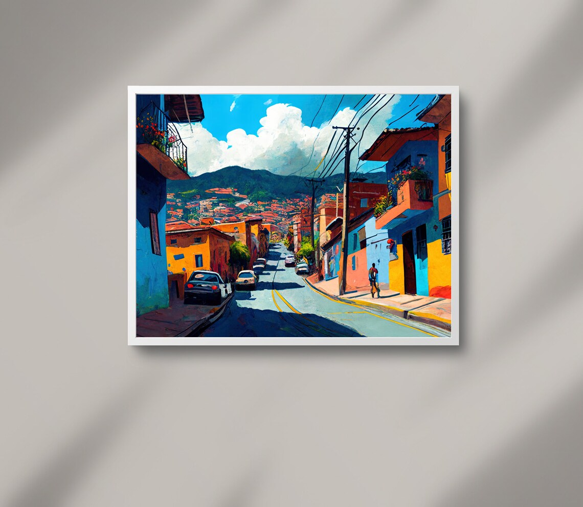Medellin Colombia Colorful Hillside Street Oil Painting Poster - Image 2