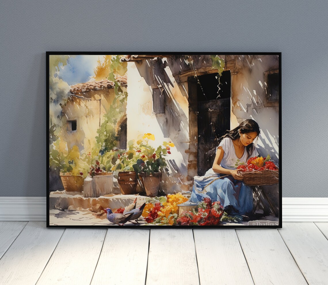Mexican Flower Vendor Woman in a Sunlit Courtyard Watercolour Poster - Image 2