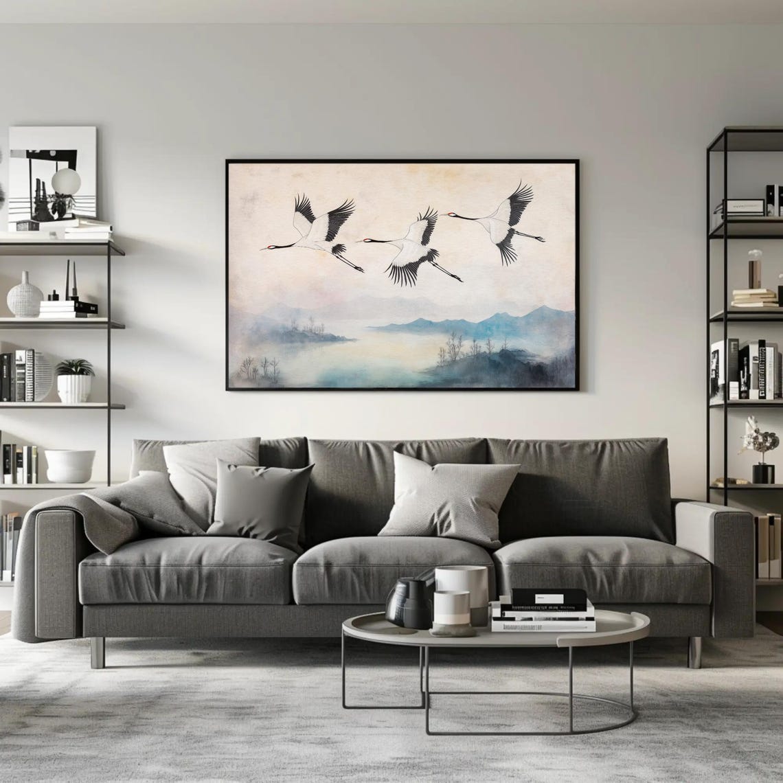 Three Cranes Soaring Over A Misty Lake Ink Wash Painting Poster - Image 3