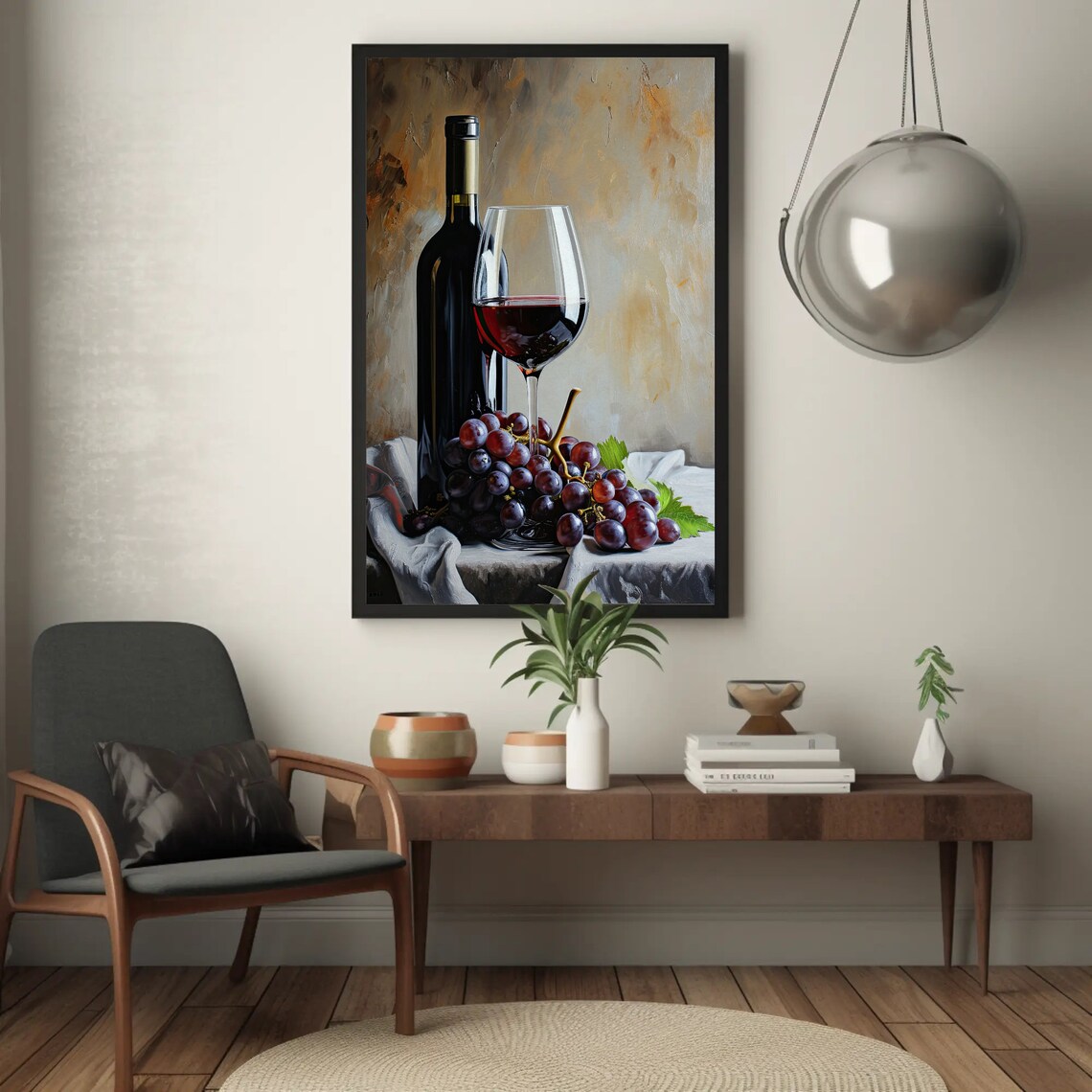 Red Wine Bottle Glass Grapes Classic Still Life Painting Poster