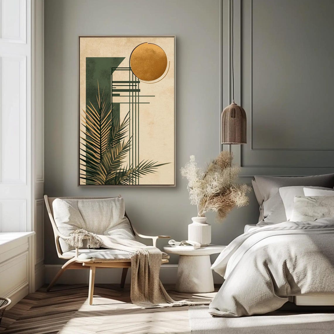 Geometric Gold Sun And Palm Leaves Sage Green Modern Art Poster - Image 2