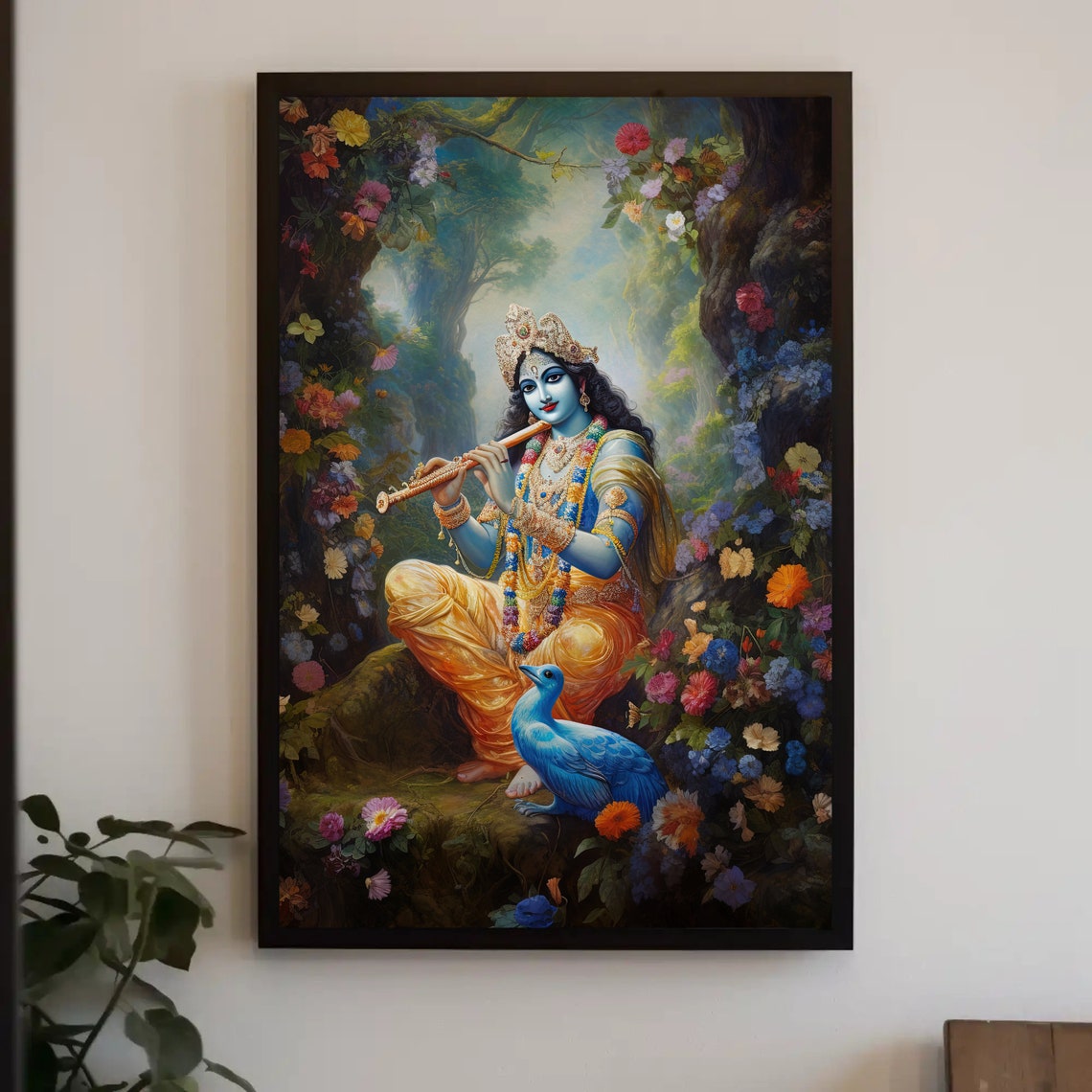 Lord Krishna Playing Flute Flower Forest Hindu God Decor Print