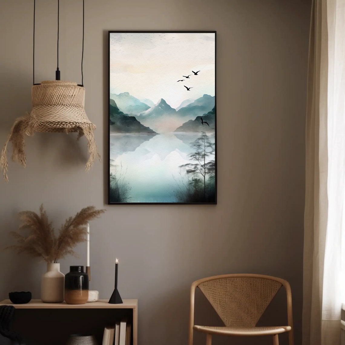 Misty Mountain Lake Reflection With Birds Watercolor Art Poster - Image 3