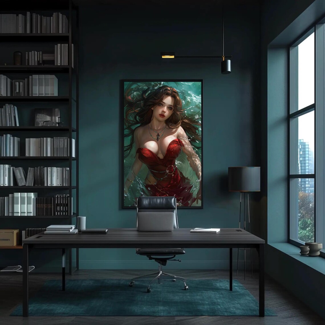 Anime Woman in Red Dress Swimming in Teal Water Fantasy Art Poster - Image 4