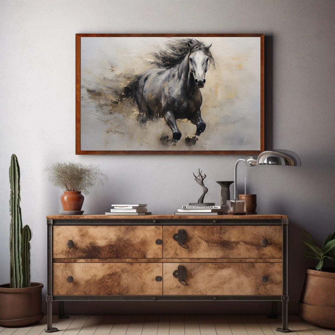 Galloping Gray Horse with Flowing Dark Mane in Abstract Style Poster - Image 2