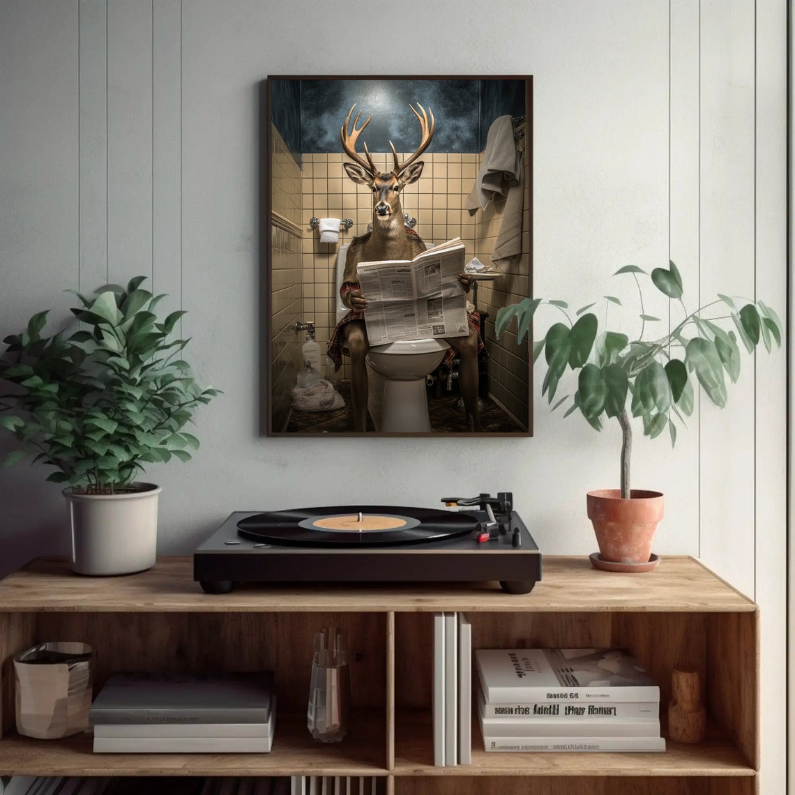 Deer With Antlers Reading Newspaper on Toilet Bathroom Humor Poster - Image 3