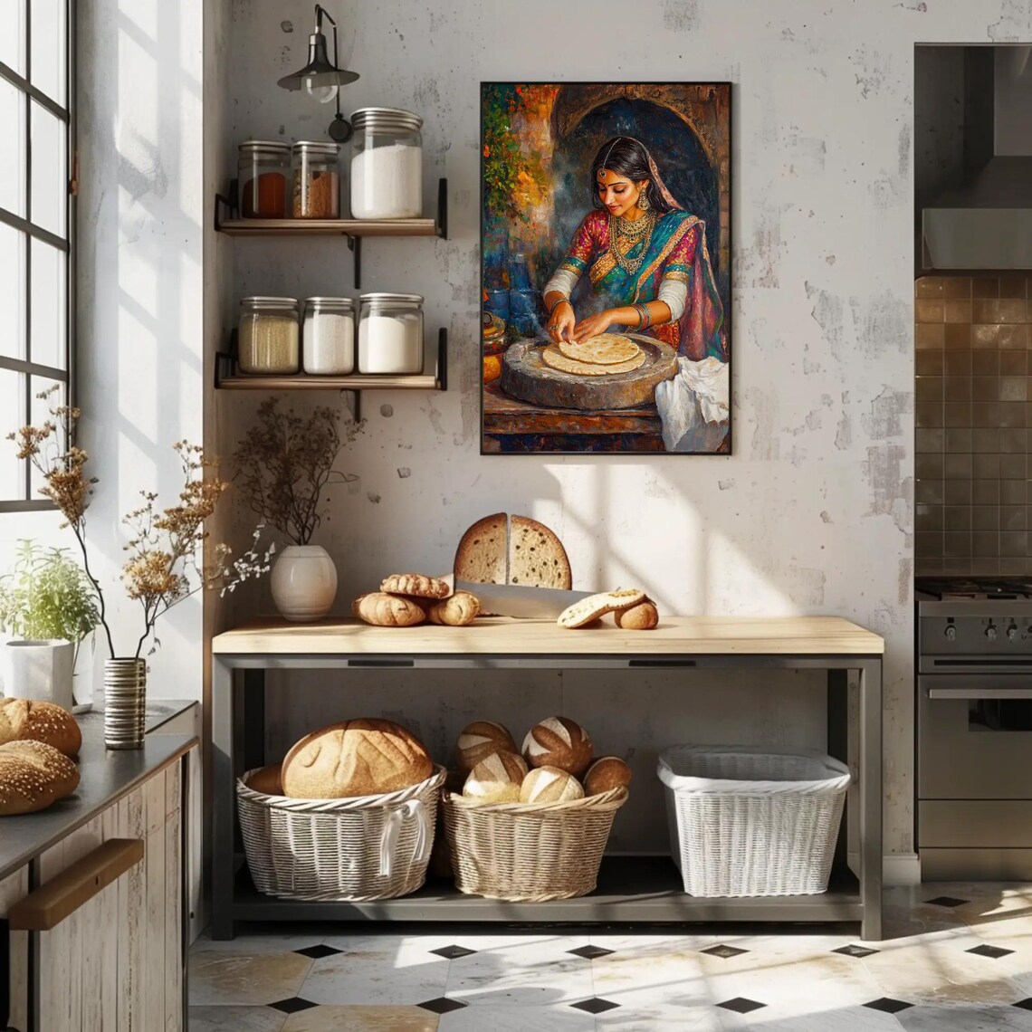 Indian Woman Making Roti, Traditional Indian Art Print - Image 5