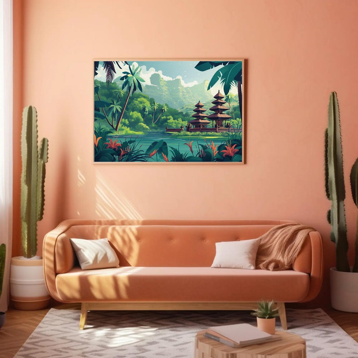 Bali Temple Garden Lake Modern Illustration Tropical Travel Wall Art - Image 2