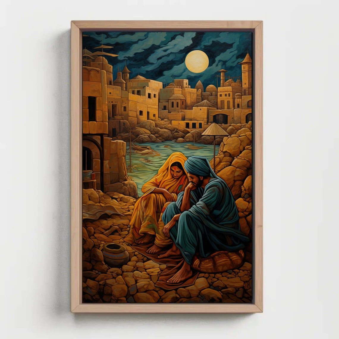 Indian Couple Sitting Under Moonlight in Ancient Desert City Poster - Image 5