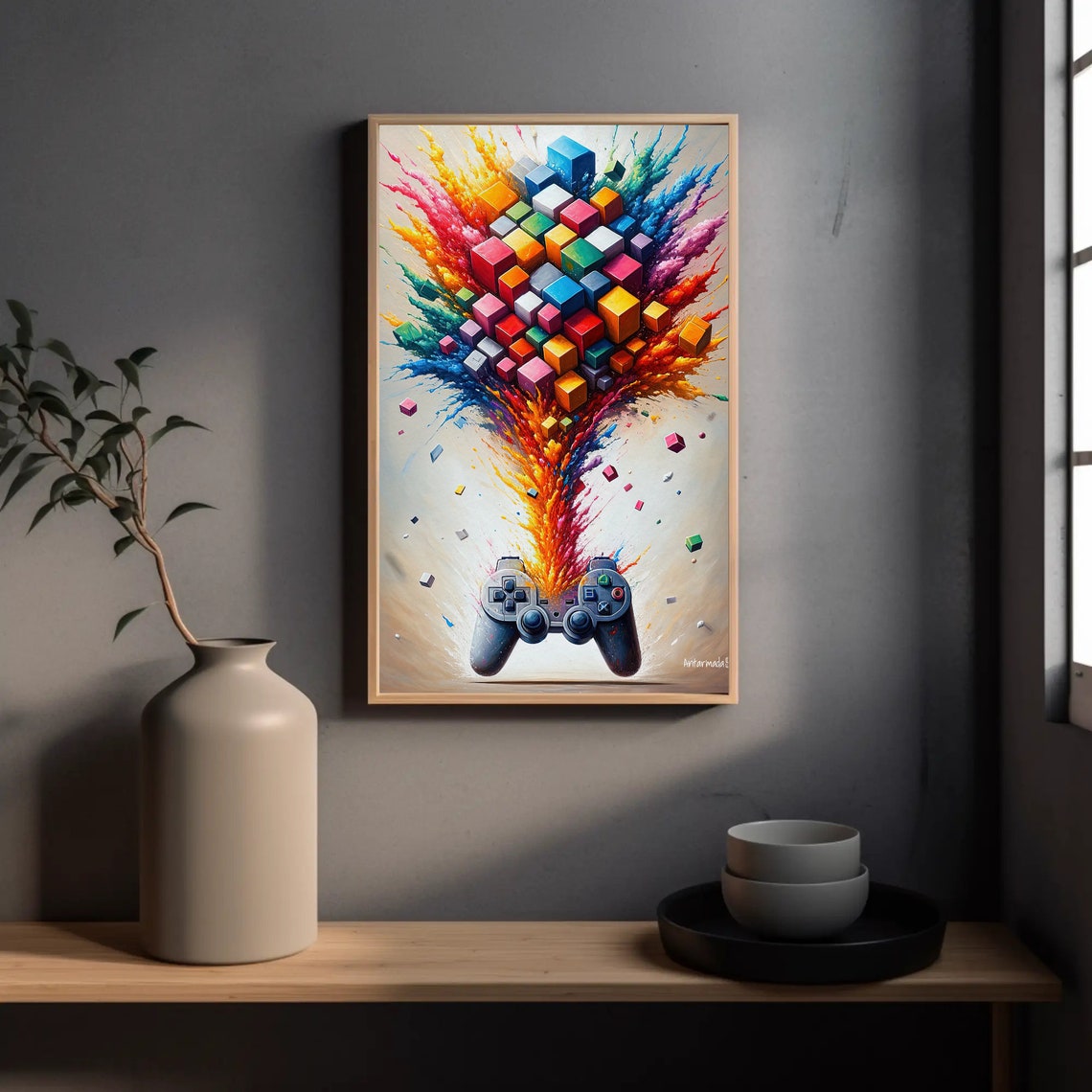 Pixel Cube Explosion Gaming Controller Colorful Game Room Poster - Image 2