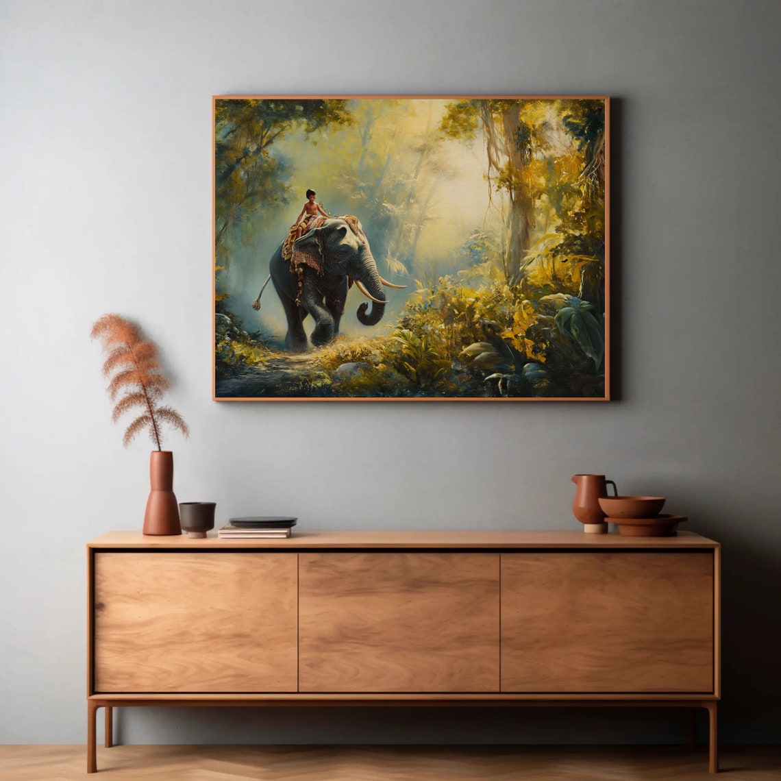 Kid Riding Elephant in Golden Indian Jungle Panoramic Wall Poster - Image 4