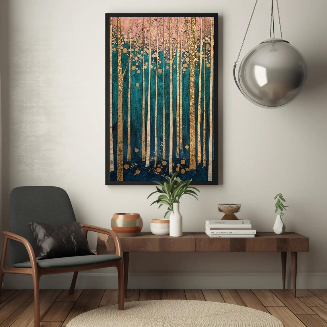 Enchanted Teal Forest With Golden Leaf Trees Woodland Poster - Image 4
