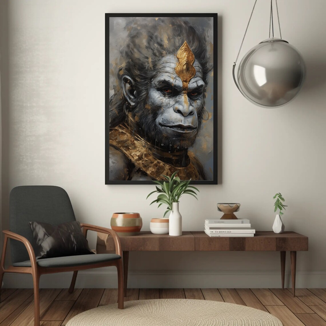 Lord Hanuman Portrait Poster Grey and Gold Hindu Monkey God Art - Image 2