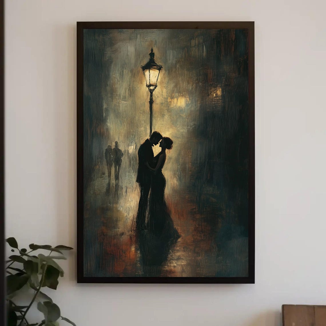 Romantic Couple Under a Glowing Streetlamp on a Rainy Night Poster