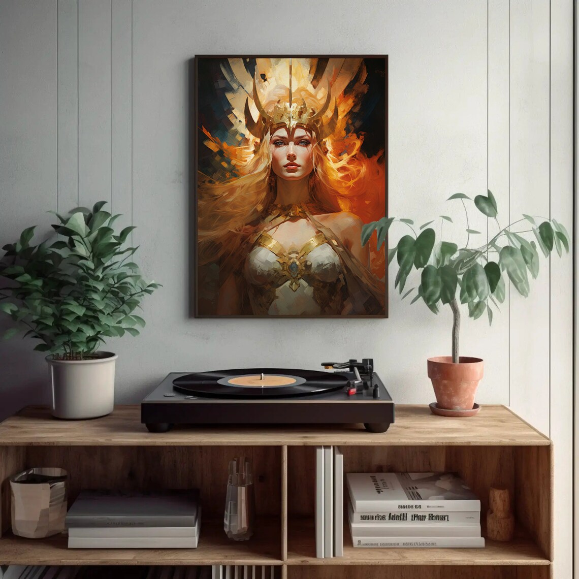 Goddess Freyja Portrait Golden Horned Crown Fiery Norse Poster - Image 2