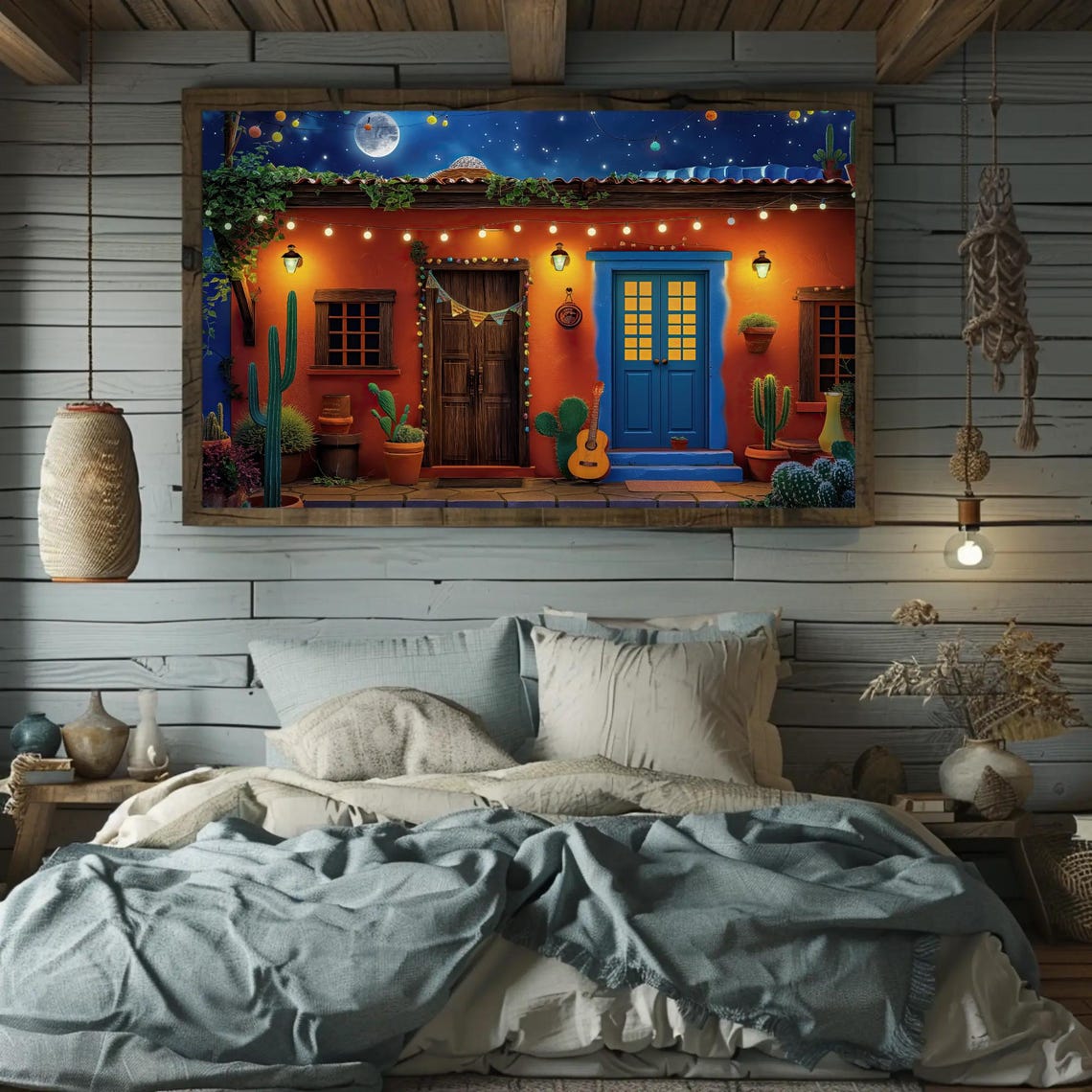 Mexican Casa Night Full Moon Glowing String Lights Festive Poster - Image 3